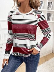 Kadın Uzun Kollu Bisiklet Yaka Düğme Detaylı Desenli Süprem Bluz