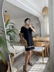 Kadın Kısa Kollu V Yakalı Etnik Desen şerit Detaylı Viskon Elbise