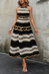 Kadın Kolsuz Boyundan Bağlamalı Beli Lastikli Dijital Baskı Süprem Uzun Elbise