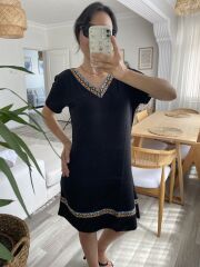 Kadın Kısa Kollu V Yakalı Etnik Desen şerit Detaylı Viskon Elbise