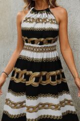 Kadın Kolsuz Boyundan Bağlamalı Beli Lastikli Dijital Baskı Süprem Uzun Elbise