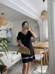 Kadın Kısa Kollu V Yakalı Etnik Desen şerit Detaylı Viskon Elbise