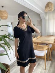 Kadın Kısa Kollu V Yakalı Etnik Desen şerit Detaylı Viskon Elbise