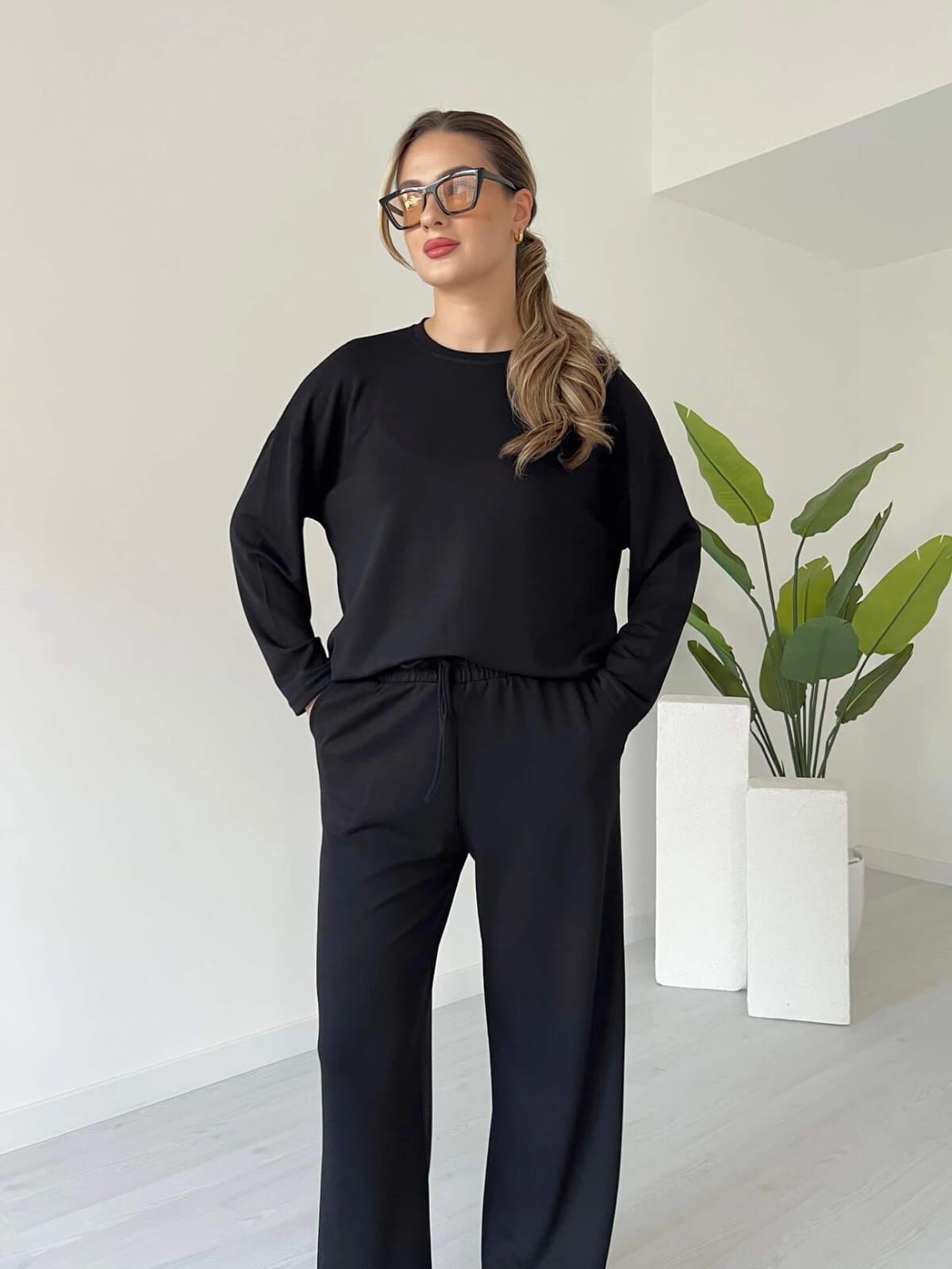 Premium Serisi Modal Kumaş Bisiklet Yaka Uzun Kol Siyah Alt-Üst Takım