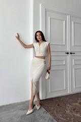 Bej Keten Gömlek Ve Etek Takım