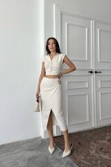 Bej Keten Gömlek Ve Etek Takım