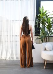 Keten Önü Çapraz Parçali Lasti̇kli̇ Ve Bağcikli Geni̇ş Paça Pantolon