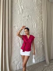 YANDAN BAĞLAMA DETAYLI KOLSUZ BLUZ - Fuşya