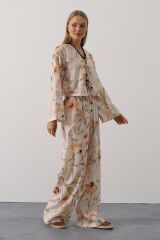 Çiçek Desen Önü Bağlamalı Pantolon Takım - Taş