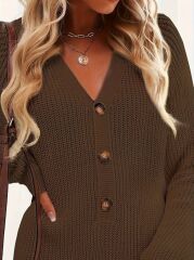 Kadın Uzun Kollu V Yakalı önden Düğmeli Kısa Triko Elbise