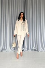 Krem Pulpayet Nakışlı Bedensiz Gömlek