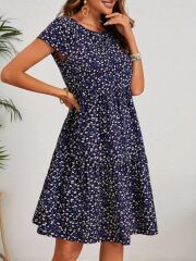 Kadın Kısa Kollu Bisiklet Yaka çiçek Desenli Süprem Elbise