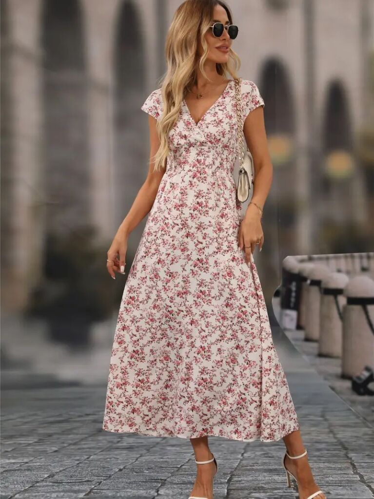 Kadın Kısa Kollu Kruvaze Yakalı çiçek Desenli Belden Lastikli Süprem Uzun Elbise