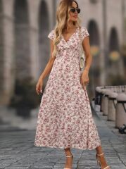 Kadın Kısa Kollu Kruvaze Yakalı çiçek Desenli Belden Lastikli Süprem Uzun Elbise