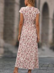 Kadın Kısa Kollu Kruvaze Yakalı çiçek Desenli Belden Lastikli Süprem Uzun Elbise