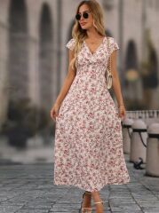 Kadın Kısa Kollu Kruvaze Yakalı çiçek Desenli Belden Lastikli Süprem Uzun Elbise