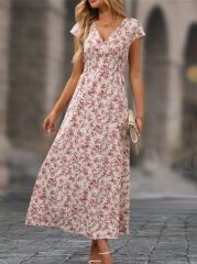 Kadın Kısa Kollu Kruvaze Yakalı çiçek Desenli Belden Lastikli Süprem Uzun Elbise