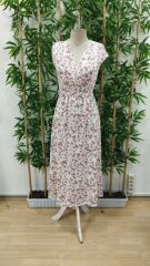 Kadın Kısa Kollu Kruvaze Yakalı çiçek Desenli Belden Lastikli Süprem Uzun Elbise