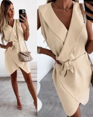 Kruvaze Yaka Kuşaklı Krep Kumaş Elbise