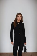 Premium Serisi Düğme Detay Uzun Kol Siyah İkili Takım