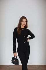 Premium Serisi Düğme Detay Uzun Kol Siyah İkili Takım