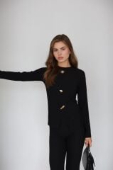 Premium Serisi Düğme Detay Uzun Kol Siyah İkili Takım