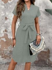 Kadın Kısa Kollu V Hakim Yaka Belden Kuşaklı Valencia Elbise
