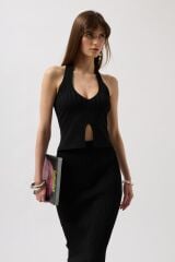 V Detay Dokulu Crop Bluz