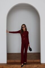 Premium Serisi Düğme Detay Uzun Kol Bordo İkili Takım