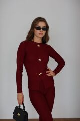 Premium Serisi Düğme Detay Uzun Kol Bordo İkili Takım