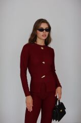 Premium Serisi Düğme Detay Uzun Kol Bordo İkili Takım