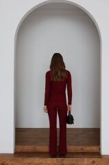 Premium Serisi Düğme Detay Uzun Kol Bordo İkili Takım