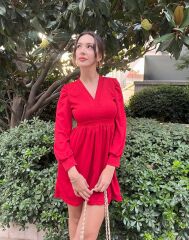 Kadın Uzun Kollu V Yaka Belden Hafif Pileli Scuba Krep Mini Boy Elbise