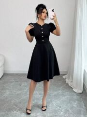 Kadın Kısa Kollu Bisiklet Yaka önden Düğmeli Ithal Krep Elbise