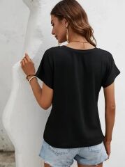 Kadın Kısa Kollu Asimetrik Kesim Bel Büzgü Düğüm Detay Viskon Bluz