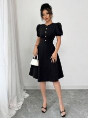 Kadın Kısa Kollu Bisiklet Yaka önden Düğmeli Ithal Krep Elbise