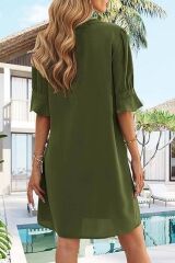 Kadın Dokuma Viskon Kumaş V Açıklıklı Yuvarlak Bant Yaka Salaş Mini Elbise