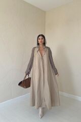 Taba Kapüşonlu Uzun Trençkot