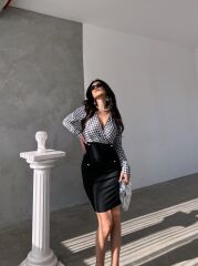 Kadın Uzun Kollu Kruvaze Yaka üst Kazayağı Desen Düğme Detaylı Dalgıç Elbise