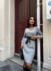 Kadın Uzun Kollu V Yaka Uzun Kol şardonlu Kaşkorse Midi Elbise