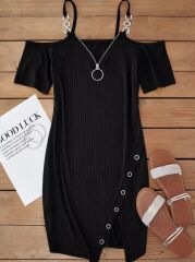 Kadın Askılı önü Fermuarlı Asimetrik Kesim Detaylı Kalın Fitilli Kaşkorse Elbise