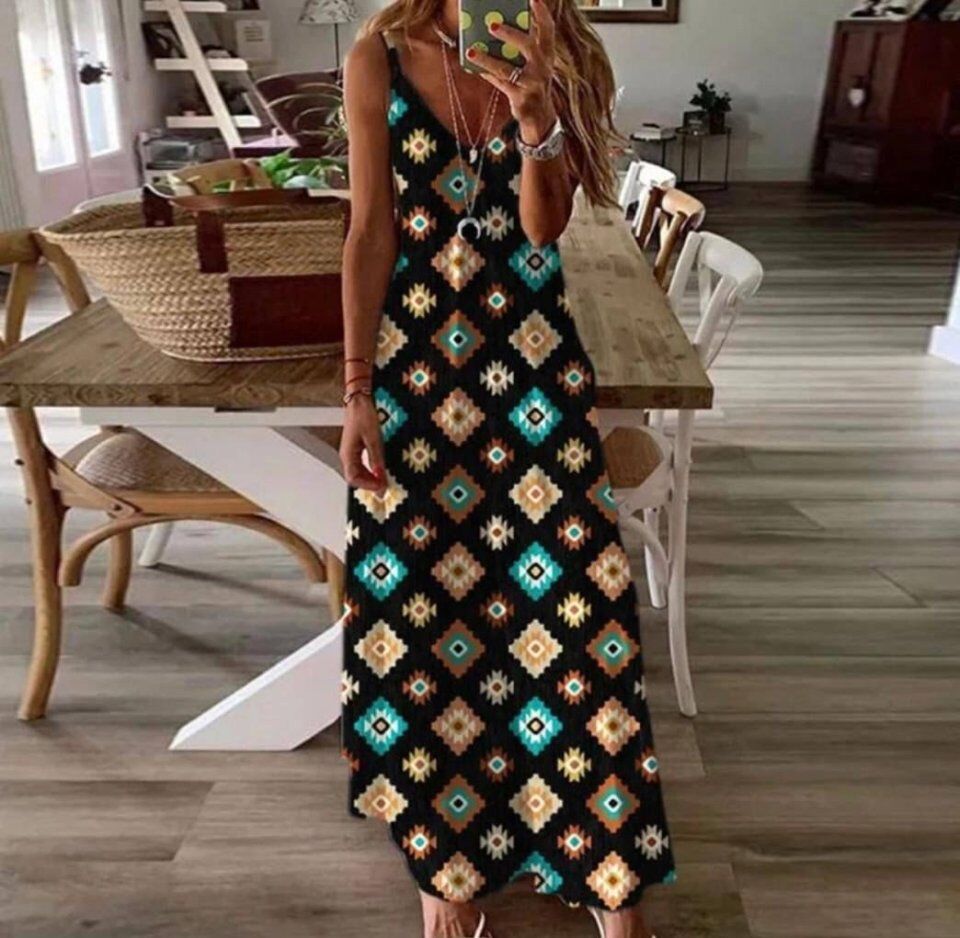 Kadın Dijital Baskılı Suprem Kumaş Askılı Maxi Boy Elbise