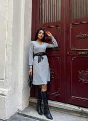 Kadın Uzun Kollu V Yaka Uzun Kol şardonlu Kaşkorse Midi Elbise