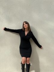 Kadın Uzun Kollu Kruvaze Yaka Krep Mini Boy Elbise