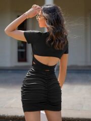 Kadın Kısa Kollu Bel çapraz Detay Dekolteli Eteği Büzgülü Sandy Mini Elbise