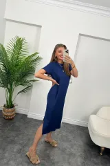 Kadın Kısa Kollu Yırtmaç Detaylı Salaş Viskon Elbise