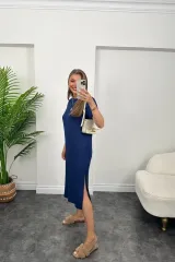 Kadın Kısa Kollu Yırtmaç Detaylı Salaş Viskon Elbise