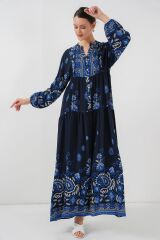 2423 Otantik Desenli Tesettür Elbise - Lacivert 1