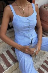 Kalın Askılı Bluz Pantolon Keten Takım 10187