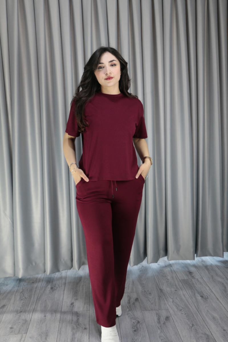 Bisiklet Yaka Modal Kumaş Premium Kalite Bordo Alt Üst